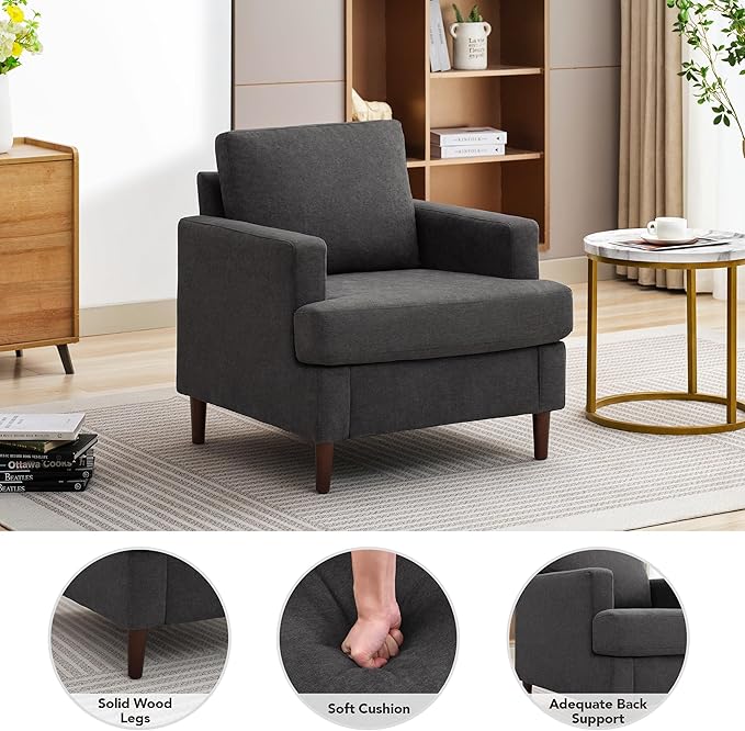 Mid-Century Accent ChairModern Linen Fabric Armchair for Living RoomComfy Upholstered Reading Accent Chairs for BedroomSingle Sofa Chair with Wood Legs (Dark Grey 1 Pack)