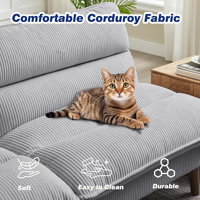 72 Futon Sofa Bed Convertible Futon Couch with Adjustable Backrest Modern Corduroy Sleeper Sofa for Small Spaces Living Room Office Light Grey
