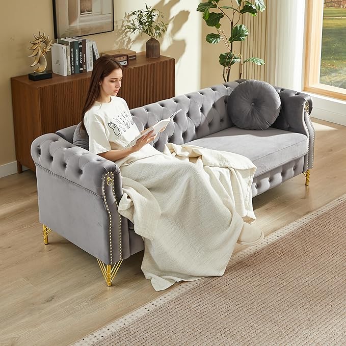 ERYE 82-Inch Button Tufted Sofa Couch with 2 Round Pillows 3 Seat Velvet Tufted Sofa Spacious Chesterfield Loveseat Couches W/Nailhead DecorRing Accent &amp Golden Legs