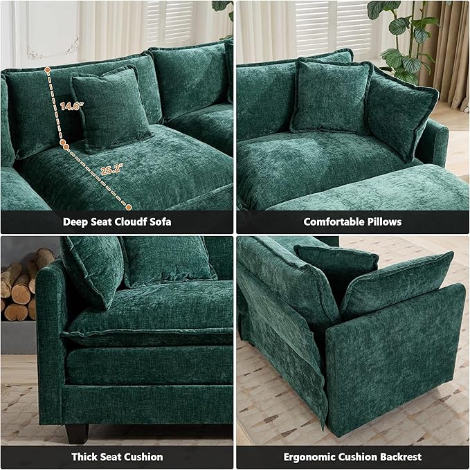 Setawix Modern Modular Sectional Sofa 78 Upholstered Chenille Loveseat Comfy 2-Seater Sofa Oversized Deep Seat Fluffy Cloud Couch with 2 Throw and Arm Pillows for Living Room Bedroom Office Green