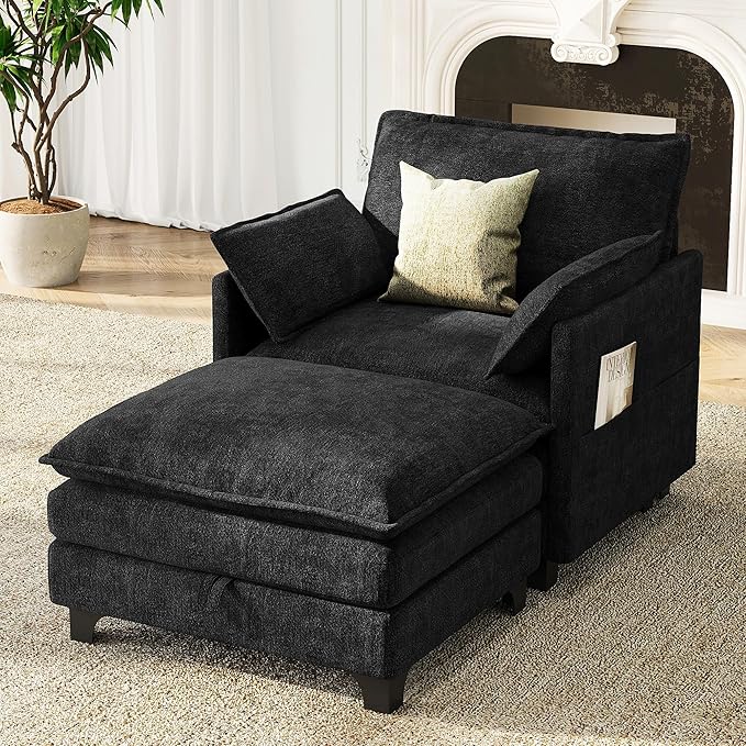 Accent Sofa Chair with Storage Ottoman Cloud Sigle Couch with Side Pocket for Living Room Bedroom and Apartment Dark Grey