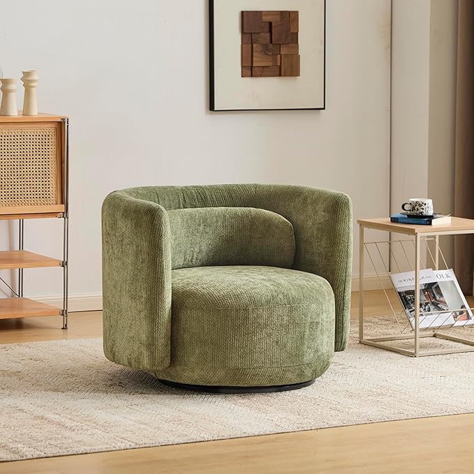 Christopher Knight Home Tanzy 360-Degree Swivel Barrel Chair Upholstered Lounge Chair Indoor Comfy Armchair with Lumbar Pillow for Living Room Thick Cushion Metal Base and Wood Frame Green