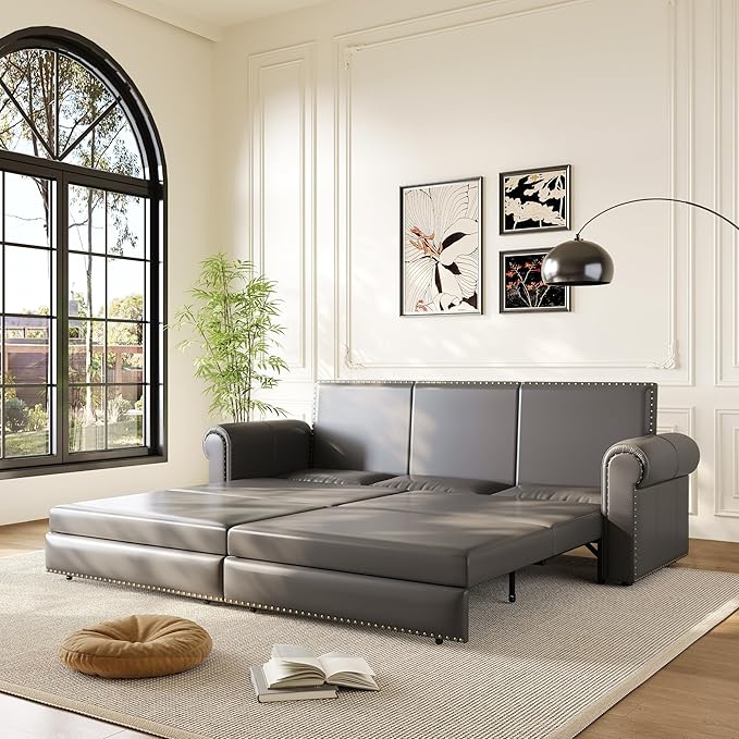 93.7 King Pull Out Sofa Bed Faux Leather Sleeper Sofa Couch 3 in 1 Convertible Futon Couches for Living Room Small Space Apartment Office Bedroom Modern Rivet Armrest Grey