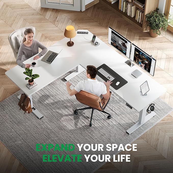 L-Shaped Standing Desk - 63 x 55 Inch Adjustable Corner Standing Desk with Charging Station - L Shape Sit Stand Table with Memory Controller Splice Board for Home Office