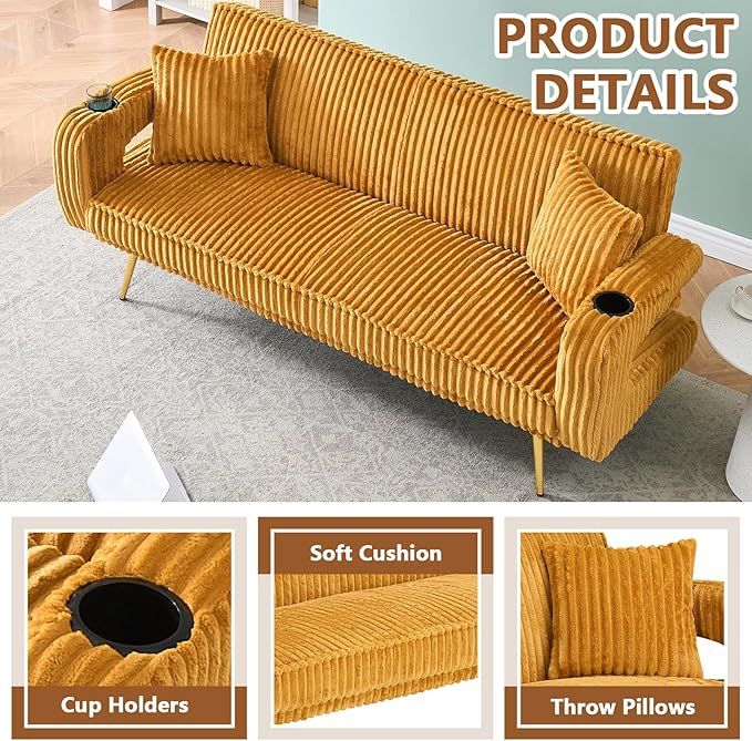 70 Beige Futon Couch Bed Sofa Comfortable Futon Loveseat with Cupholders &amp Arms Convertible Fouton Sofas with Adjustable Backrest &amp Pockets for Small Spaces Living Room Bedroom Dorm (Orange