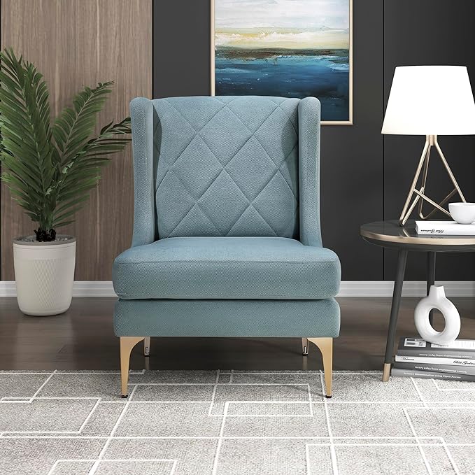 Lexicon Modern Accent Chair Living Room Chenille Upholstered Single Sofa Chair with Gold Metal Legs Wing Back &amp Diamond Stitched Back Armchair for Bedroom/Office/Waiting Room Blue