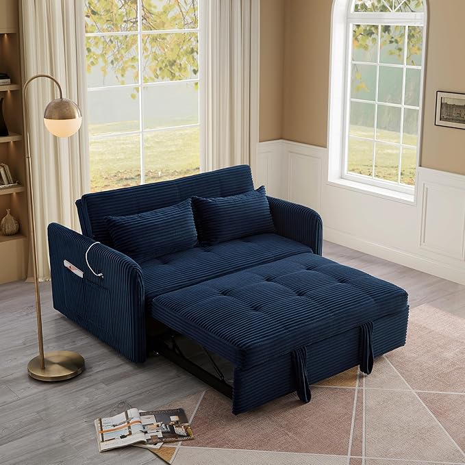 55.5 Corduroy Convertible Sofa Bed Pull Out Sleeper Sofa Bed Loveseat Couch with USB Charging Ports 3 in 1 Convertible Sleeper Sofa Bed for Living Room Apartment Bedroom RV Blue