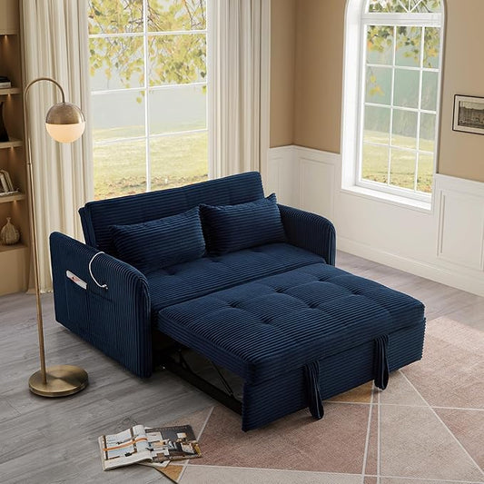 55.5 Corduroy Convertible Sofa Bed Pull Out Sleeper Sofa Bed Loveseat Couch with USB Charging Ports 3 in 1 Convertible Sleeper Sofa Bed for Living Room Apartment Bedroom RV Blue