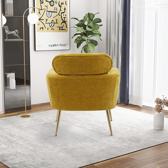 29.5 W Modern Chenille Accent Chair Armchair Upholstered Reading Chair Single Sofa Leisure Club Chair with Gold Metal Leg and Throw Pillow for Living Room Bedroom Dorm Room Office Mustard Chenille