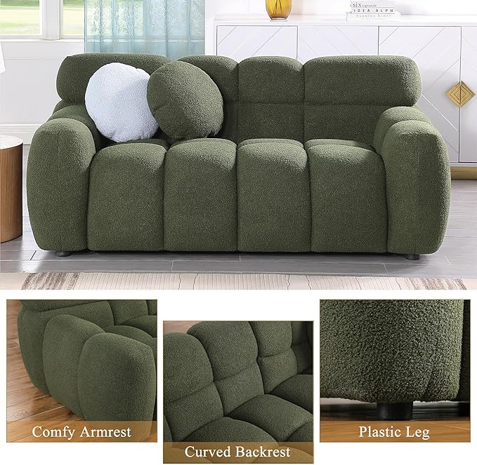 65 Modern Cloud Loveseat Sofa Couch Small Boucle Tufted Love Seat Comfy Upholstered 2 Seater Bubble Curved Sofa with 2 Accent Pillows for Living Room Bedroom Apartment Office Green