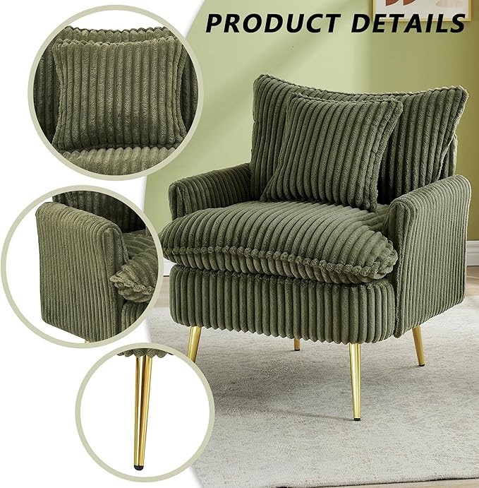 30 Green Accent Chair Corduroy Accent Armchair with Soft Pillow &amp Gold Legs Comfy Upholstered Arm Chairs for Samll Space Living Room Bedroom 300 LBS Capacity (Green)