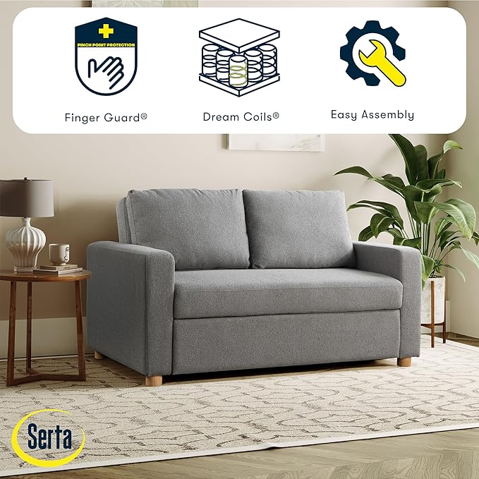 Serta Tulsa 66.1 Convertible Sleeper Loveseat Full Size Dreamcoil Comfort FingerGuard Pinch Point Protection Boucle Fabric Grey