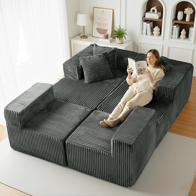 131 Cloud U-Shaped Sectional Sofa Modular Boneless Couch with Chaise4-Seater Couch for Living RoomPlush Corduroy Fabric No Assembly Required (Grey)