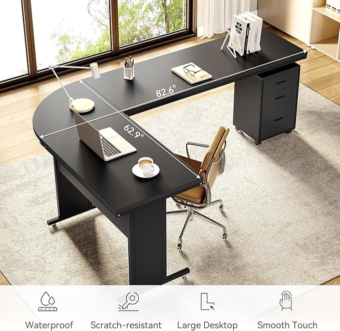 LITTLE TREE 82.67 Long Executive Desk Large L-Shaped Computer Office Desk with 3-Drawer Mobile File Cabinet Industrial Business Furniture Desk Workstation for Home Office Black