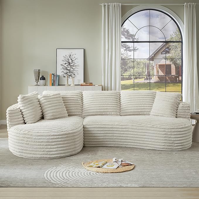 Plush Corduroy Cloud Sectional Sofa with Curved Chaise Oversized 2 Pieces Modular Lounge Sofa with Deep Seat Upholstered Sponge Compressed Couches for Living Room BedroomNo Assembly Required