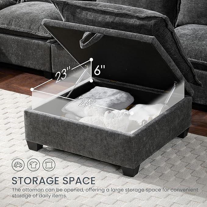 Merax Modern Oversized U-Shaped Sectional Sofa with Piollows &amp Chaise Lounge Chenille 7-Seat Couch Set Sleeper Bed with Storage Ottoman for Living Room Gray