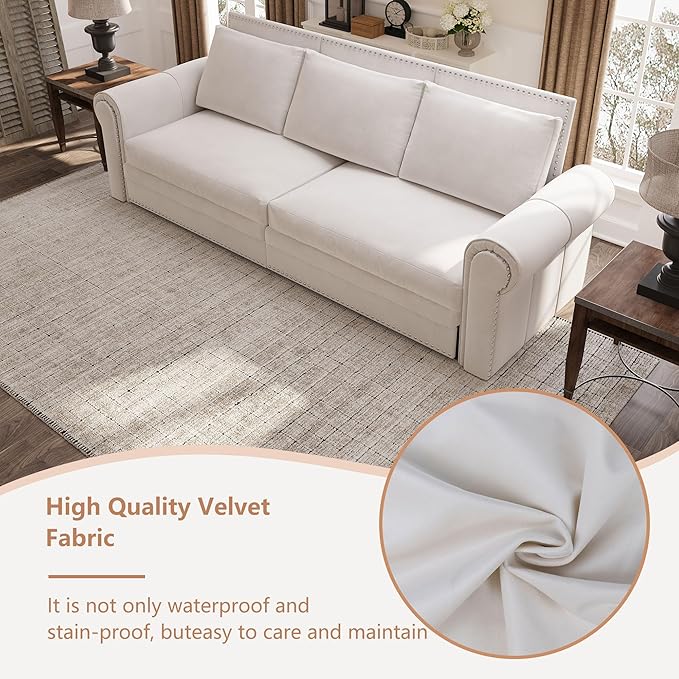93.7 King Pull Out Sofa Bed 3 in 1 Convertible Sleeper Sofa 3 Seat Couch with Nailhead Trim &amp Rolled Arm for Living Room Apartment Office Beige Velvet