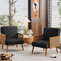 Yongqiang Black Linen Accent Chairs Set of 2 Natural Rattan Upholstered Arm Chairs for Bedroom Living Room Side Chairs Comfy Reading Chair