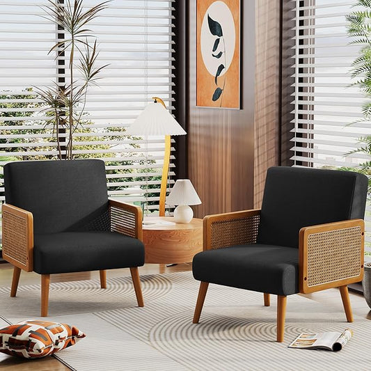 Yongqiang Black Linen Accent Chairs Set of 2 Natural Rattan Upholstered Arm Chairs for Bedroom Living Room Side Chairs Comfy Reading Chair