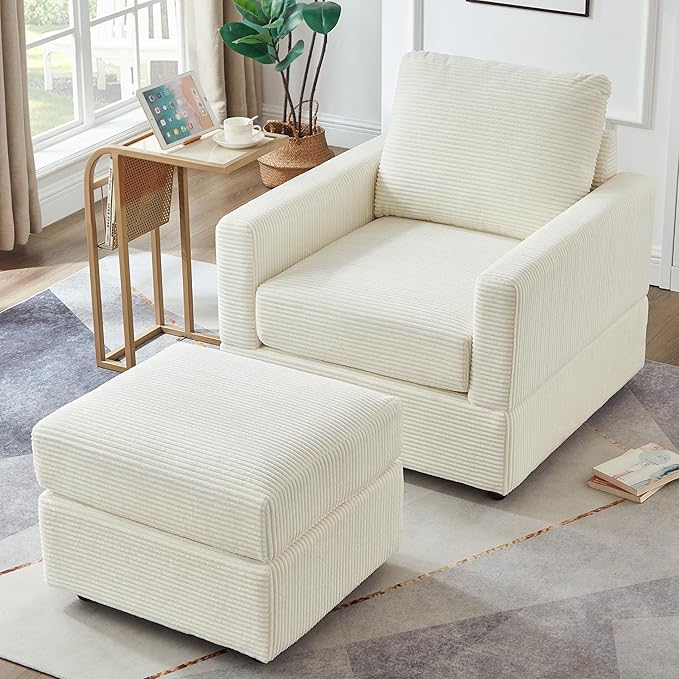 Aoiy &amp Wifon Accent Chair with Ottoman Upholstered Reading Chair with Ottoman Comfy Armchair with Wooden Legs Corduroy Beige