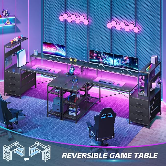 L Shaped Gaming Desk with Drawers &amp Storage Shelves Corner Gaming Desk with Power Outlets &amp LED Light Reversible Computer Desk with Monitor Stand &amp Hooks Carbon Fiber Black