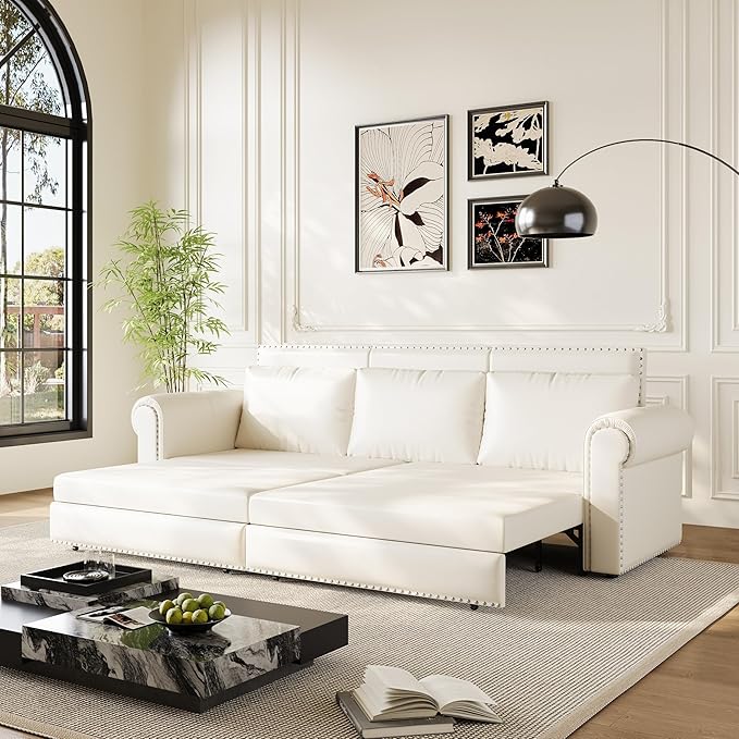 93.7 King Pull Out Sofa Bed Faux Leather Sleeper Sofa Couch 3 in 1 Convertible Futon Couches for Living Room Small Space Apartment Office Bedroom Modern Rivet Armrest Cream White