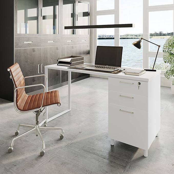 Modern Design Milano Office Desk with 3 Locking Drawers 48 Inch White Industrial Wood Desk with Filing Drawer and Storage by Crafts and Comfort