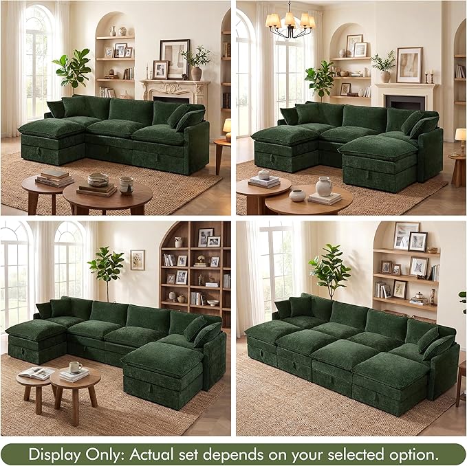WorthFurni Modular Sectional Sofa with Storage Ottomans102 U-Shaped Cloud CouchComfy Modern Couches with Pillows &amp Upholstered Deep Seat Cushion for Apartment Living Room Bedroom（Green）