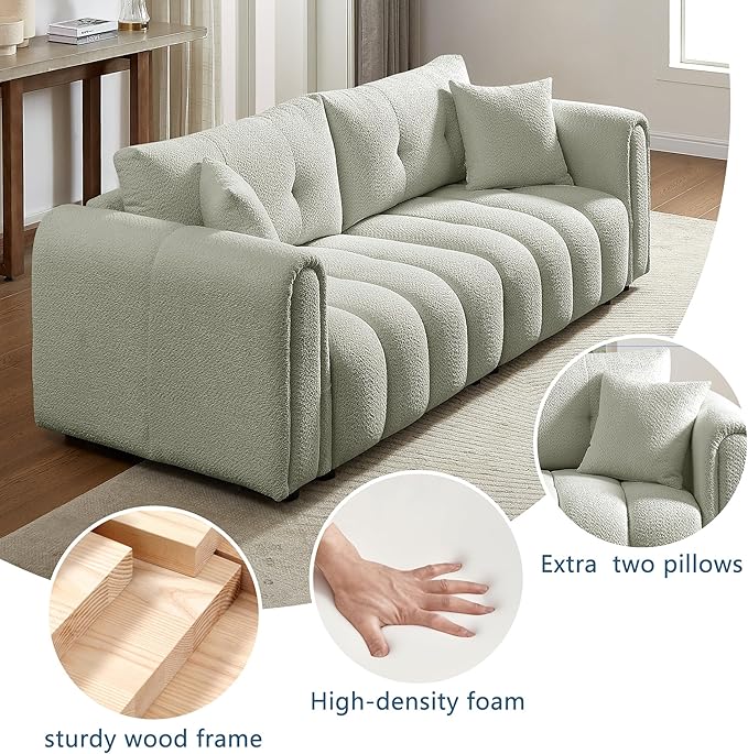 91.5 Sofa Couch w/Medium Firm Seat Cushion Tufted Back and Deep Seats &amp Chenille Fabric 3 Seater Couch Sofa for Living Room Apartment Lounge Office (Light Green)