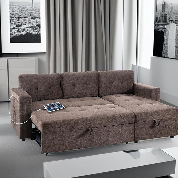 Naomi Home L-Shaped Sectional Sleeper Sofa with USB Ports - Convertible Pull-Out Bed Ample Storage Timeless Design Durable Construction Espresso/Microfiber