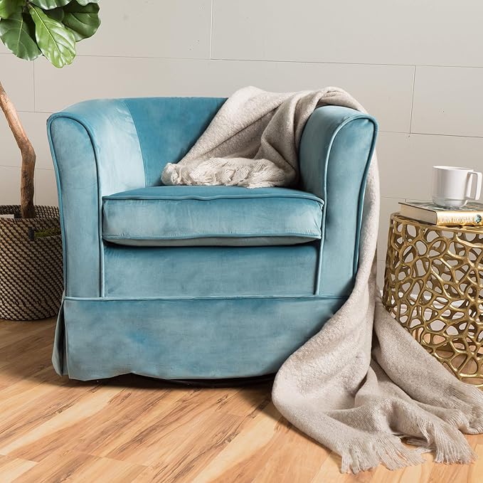 Upholstered Swivel Barrel Chair Blue Velvet Skirted Base Living Room Accent Seating 28.75 x 28 x 27 Inches
