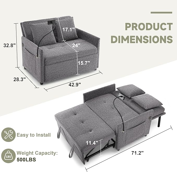Sleeper Loveseat with USB and Type-C Ports 3 in 1 Convertible Sofa Bed with Phone Holder Pull Out Sofa Bed Loveseat Sleeper Sofa for Living Room Adjustable Backrest Side Pockets Dark Grey