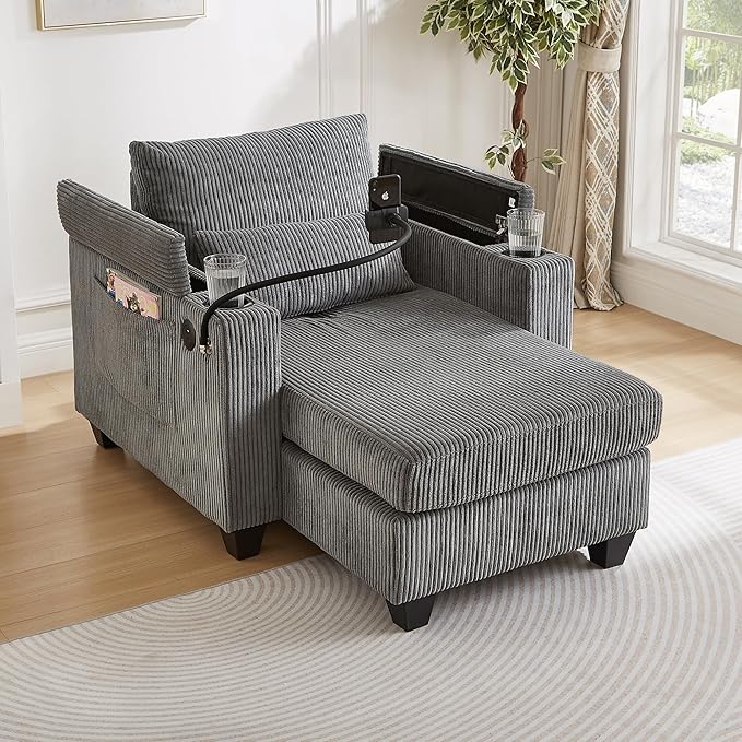 Merax Modern Upholstered Indoor Chaise Lounge with Pillows Charge Station &amp Cup Holders Single Sofa Couch with Armrest and Soild Legs Easy Assemble Gray