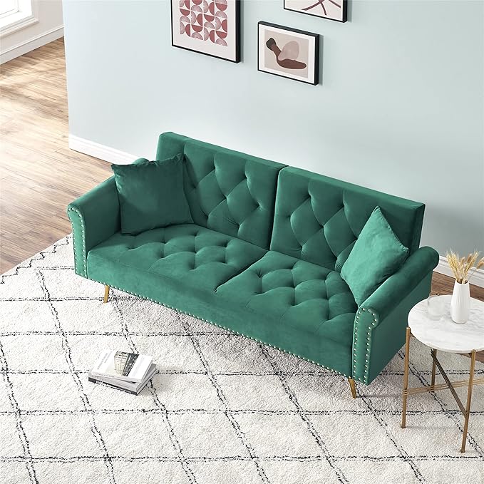 69.7'' Convertible Velvet Sleeper Sofa Bed Upholstered Futon Couch with Nail Head Trim and 2 Matching Throw Pillow for Living Room Bedroom Home Office (Green)