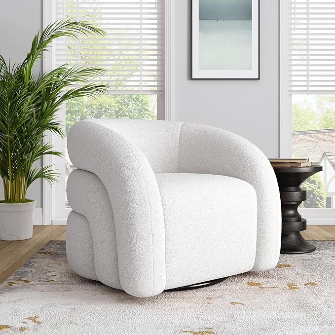 Boucle Swivel Accent Chair No Assembly Small Comfy Round Barrel Armchair for Living Room Bedroom Reading Waiting Room (White Set of 1)