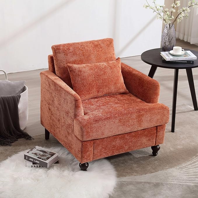 Modern Accent Chair 29'' W Comfy Chenille Tufted Lounge Armchair for Living Room Upholstered Mid Century Reading Nook Chairs Single Sofa Chair Solid Wood Frame (Orange)