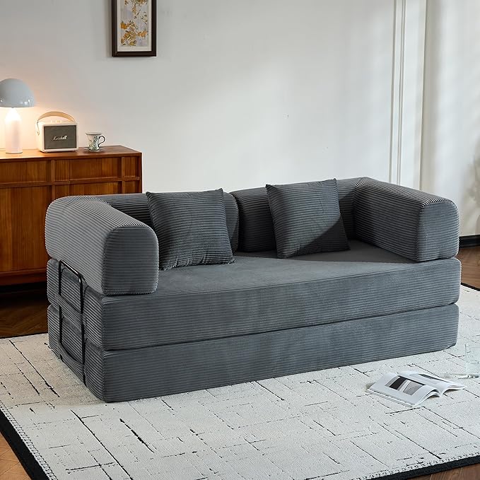 4-in-1 Folding Convertible Sleeper Sofa Bed with Fixed-Shape Frame Comfy Modular Floor Sofa with Pull Out Couch Bed Sleeper Loveseat Boneless Futon Couch for Living Room Grey