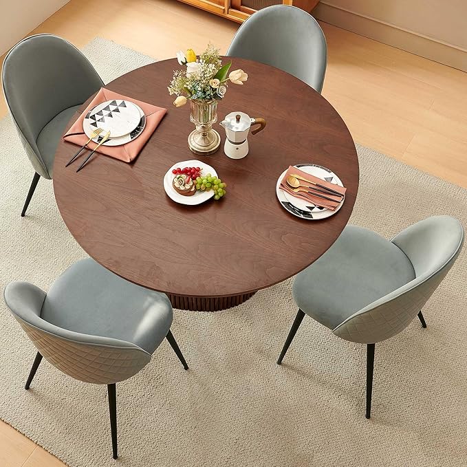 Kitchen&ampDining Room Table Set for 4 Walnut Wooden Dining Table Round and Upholstered Kitchen Side Living Room Chairs Set Rustic Dining Set with Grey Velvet Chairs for Apartment Dining Hall