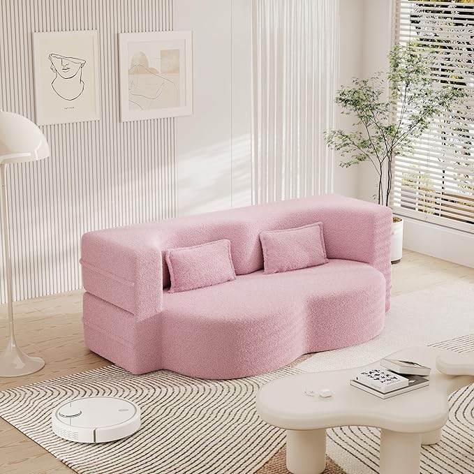 Floor Sofa Futon Cloud Couch Convertible Sofa Bed with 2 Pillows Teddy Fabric Foam-Filled Loveseat Sleeper Sofa Couches for Living Room 15 Full Size Folding Mattress No Assembly Required (Pink)