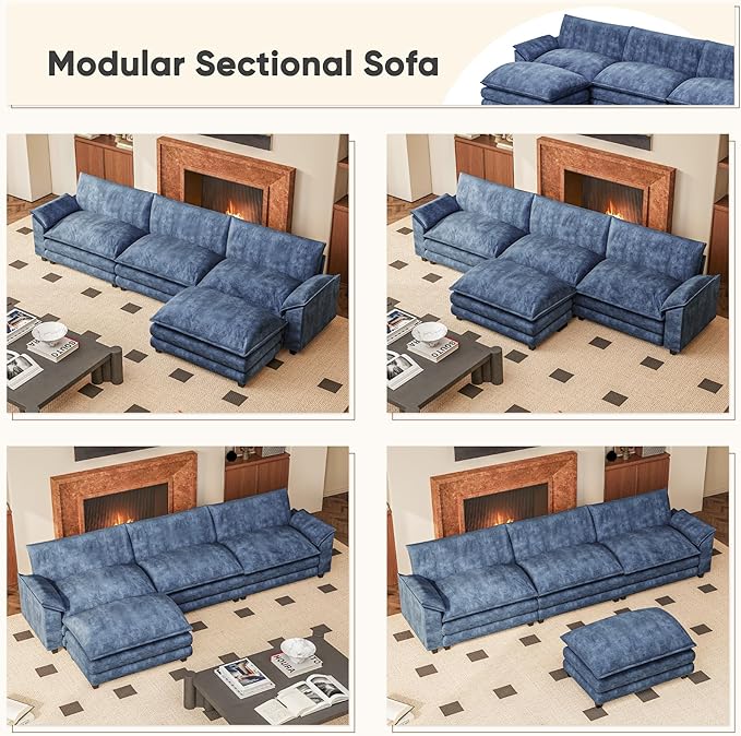 Furniwell 119 Modular Couch 3-Seat Sofa with Reversible Ottoman Cloud Couch L Shaped Sofa with Deep Seat Chenille Sectional Couches for Living Room