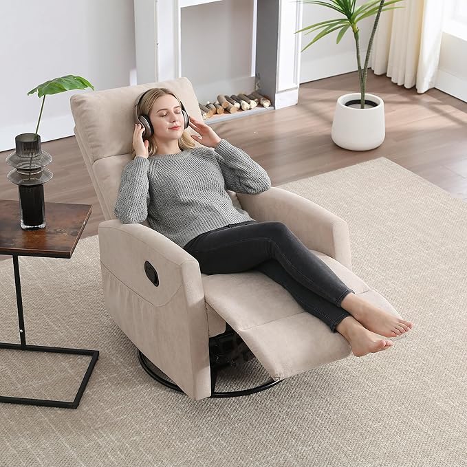 PELUMY Manual Recliner Chair 360° Swivel Glider and Rocker Recliner with 155° Recline Compact Fabric Recliner for Small Space Nursery Living Room Bedroom No Tools Assembly (Beige)