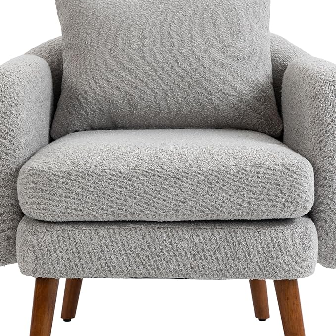 Mid Century Lounge Armchair with Boucle Fabric Solid Wood Legs and Comfortable Cushions Ideal for Bedroom and Living Room Reading and Relaxing (Gray)