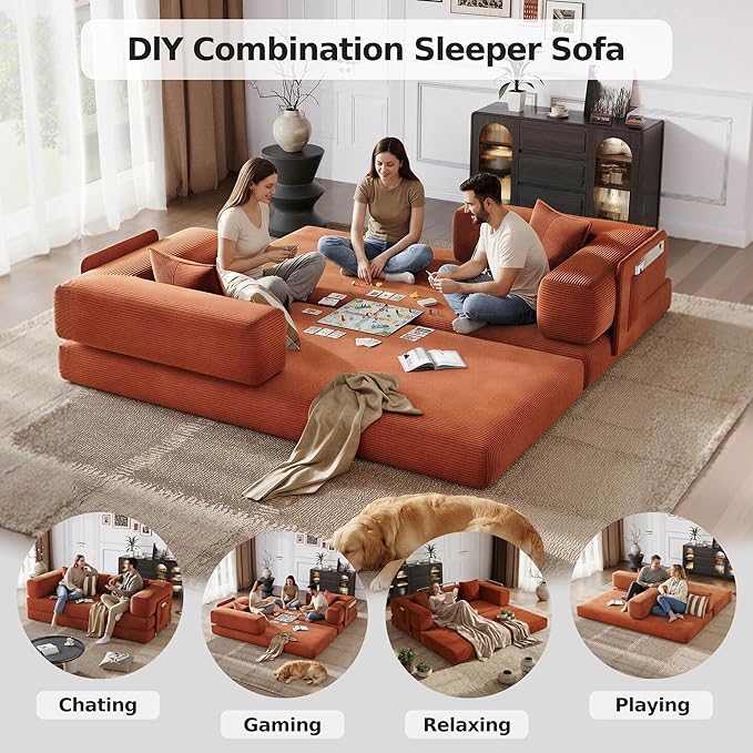 78.8'' Boneless Sleeper Sofa BedConvertible Futon Couch with Storage Pocket and 2 PillowsModular Corduroy Sofa for livingroomSmall speaceOrange