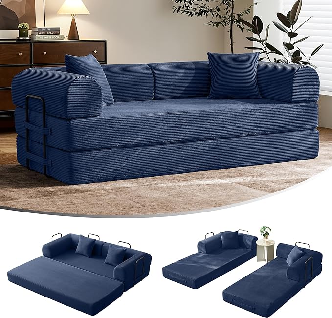 79 Convertible Sofa Bed with Fixed-Shape Frame &amp Removable Armrests Modular Corduroy Sleeper Sofa Folding Mattress Couch for Small Spaces - No Assembly Needed in Navy Blue (Includes 2 Pillows)