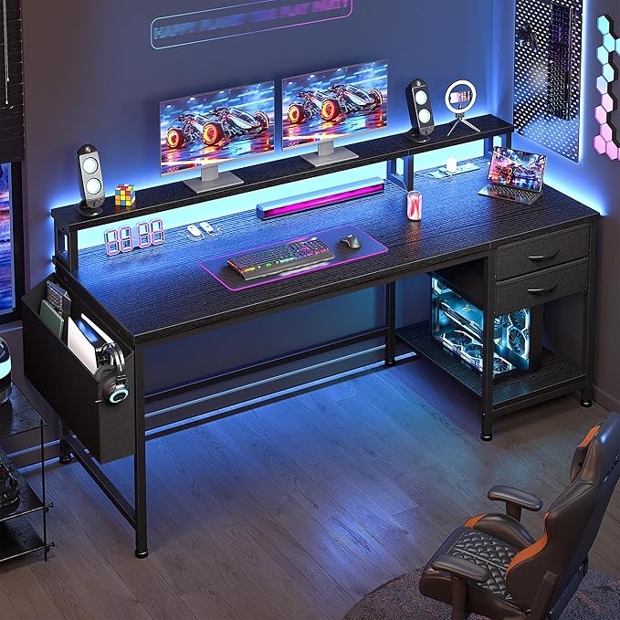 55 Computer Desk with Drawers &amp Storage Bag Gaming Desk with Power Outlets and LED Lights Office Desk with Monitor Stand for Bedroom Gaming Room Study Work Home Office Black