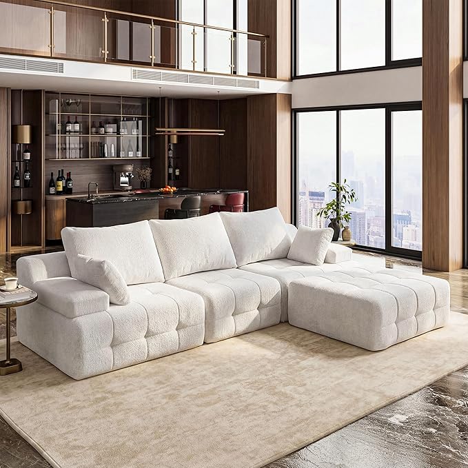 110 Cloud Sectional Couches for Living RoomModern Convertible L-Shape Couch with Ottoman 3 Seater Chenille Fabric Comfy Cloud Couches with Movable Ottoman White
