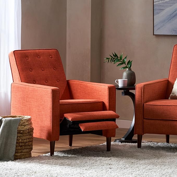 Mid-Century Fabric Rocker Recliner Chair with Tufted Design Adjustable Single Recliner Sofa with Thicker Seat Cushion with Pocket for Living Room Bedroom Apartment (Orange Style1)
