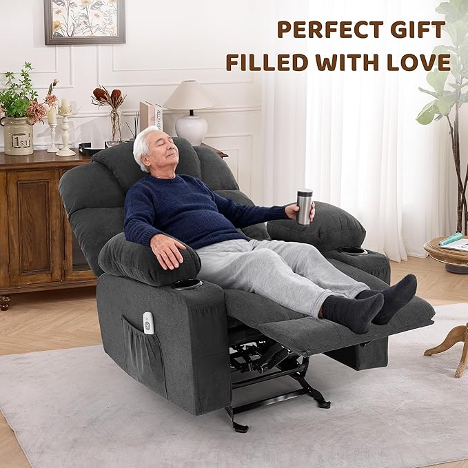 Massage Rocker Recliner Chair Ergonomic Rocking Recliner Sofa with Vibration Massage &amp Heat Reclining Fabric Nursery Chair for Living Room Lounge with 4 Pockets 2 Cup Holders Black