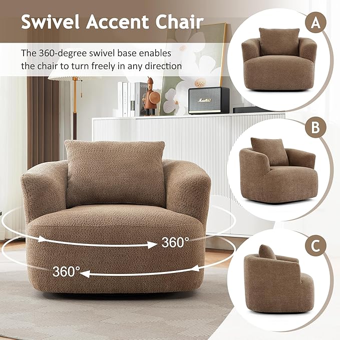 Polibi 360° Chenille Upholstered Swivel Barrel Chair 38.2 W Accent Chair Sofa Chair with a Throw Pillow for Living Room Bedroom Office and Hotel (Dark Brown)