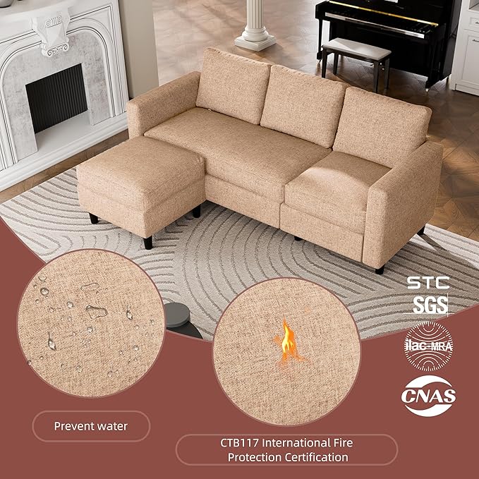 JAMFLY Sectional Couch Sofa Convertible L Shaped Sofas with Ottoman Small Sectional Sofa for Living Room 3 Seater Couch for Small Spaces Brown